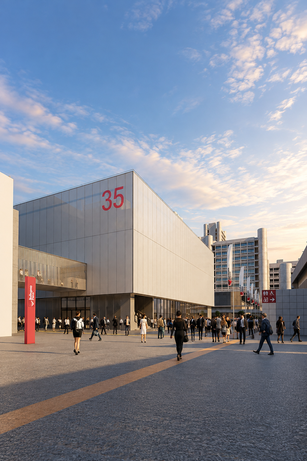 Visitors walking outside a modern exhibition hall at BolognaFiere in Bologna, Italy.
