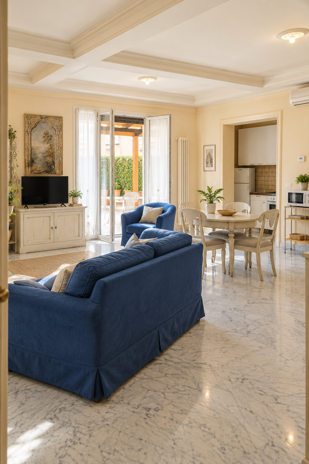 Cucina moderna del trilocale con bancone, sgabelli e accesso al balcone luminoso