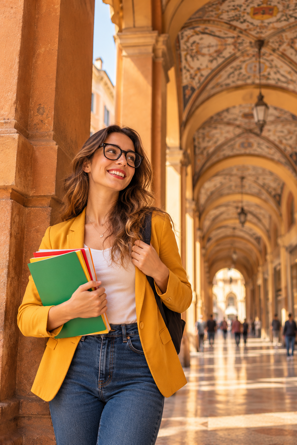 Smiling university student holding colourful notebooks beneath the historic porticoes of Bologna.