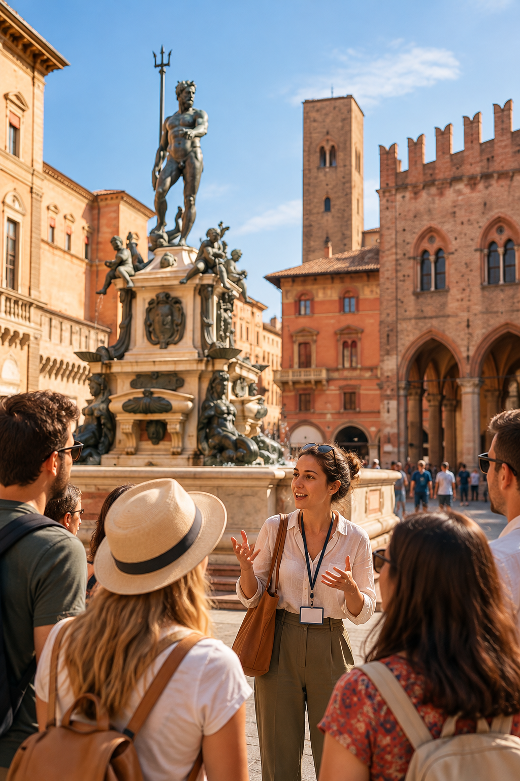 Tour guide speaking to a group of visitors beside the Neptune Fountain in Bologna, Italy.
