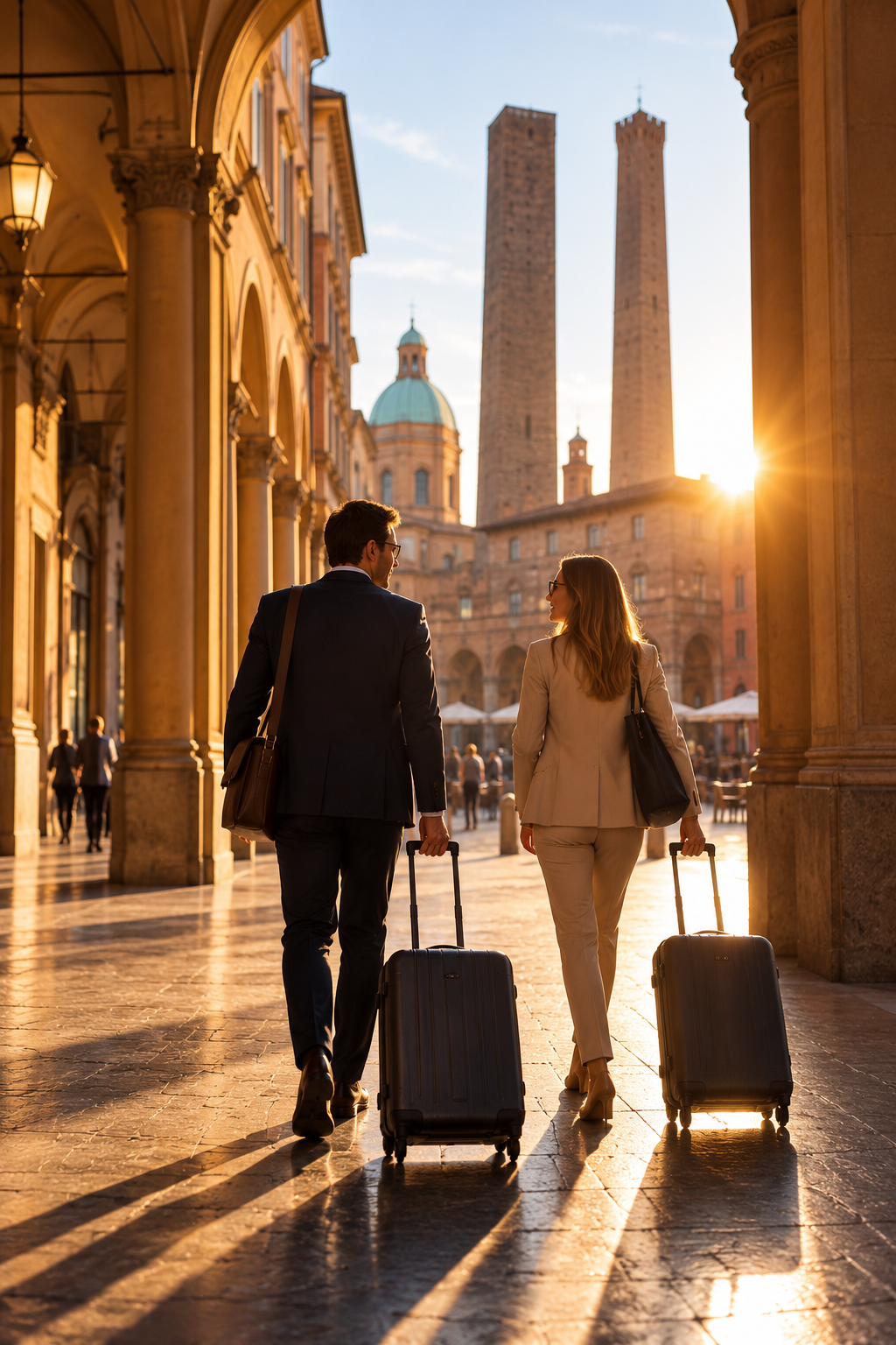 Two business travelers with suitcases walking beneath Bologna's historic porticoes at sunset.